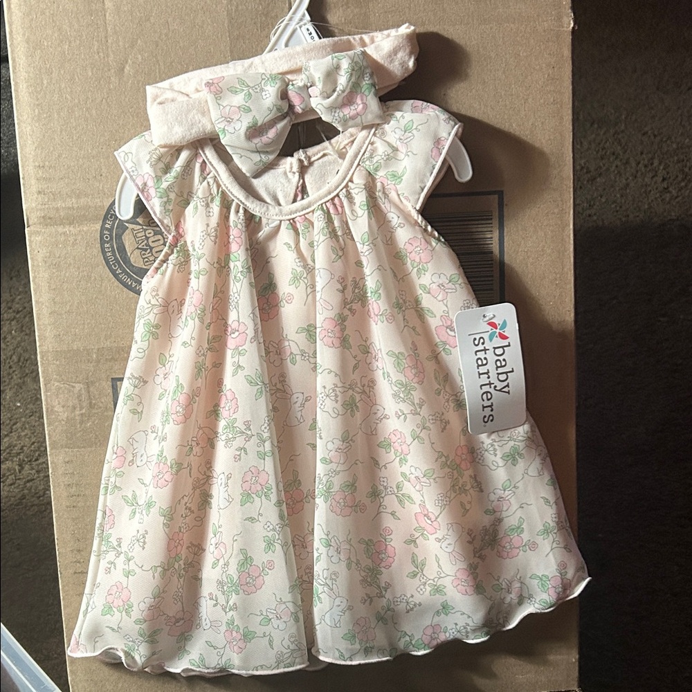 Baby Starters NWT Pink Rabbit and Floral Dress with Headband